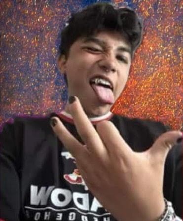 Untitled Flows in a Shadow the Hedgehog tee, throwing a hand sign against a vivid red-and-blue backdrop